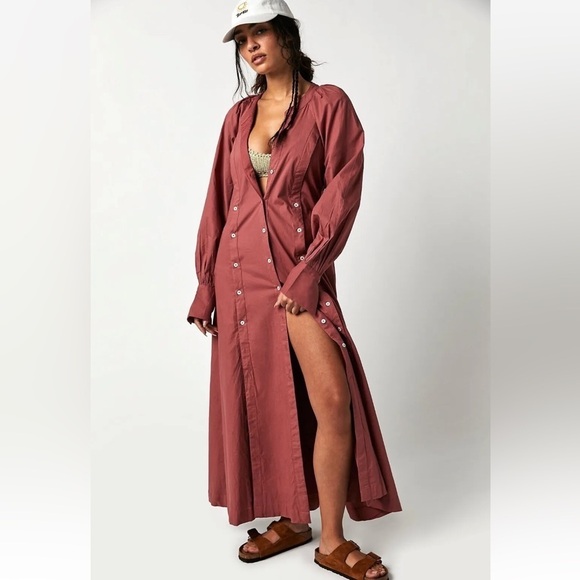Free People Dresses & Skirts - Free People Charlie Dress Maxi Shirtdress Redwood Size Small NWT